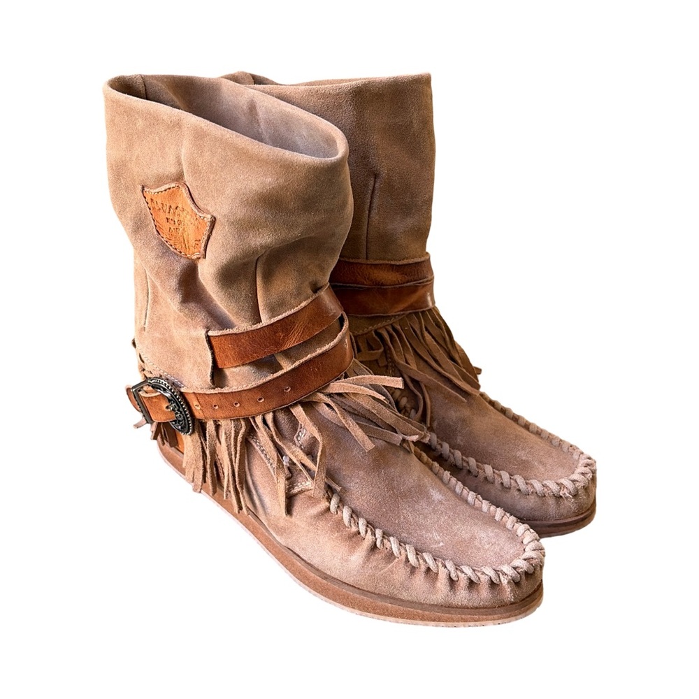 El Vaquero Fringed Suede Wedge Moccasin Boots 38